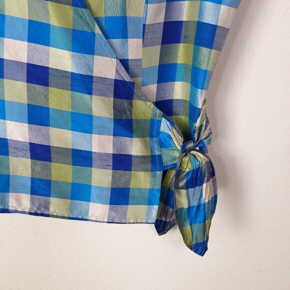 Lot-Anne Carson Silk Blue Plaid Cropped Wrap Top & Green Plaid Top M Sleeveless - Picture 3 of 13